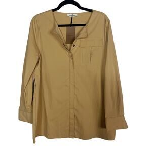 New Gentle Herd Womens Large Brown Collarless Long Sleeve Blouse Top Split VNeck